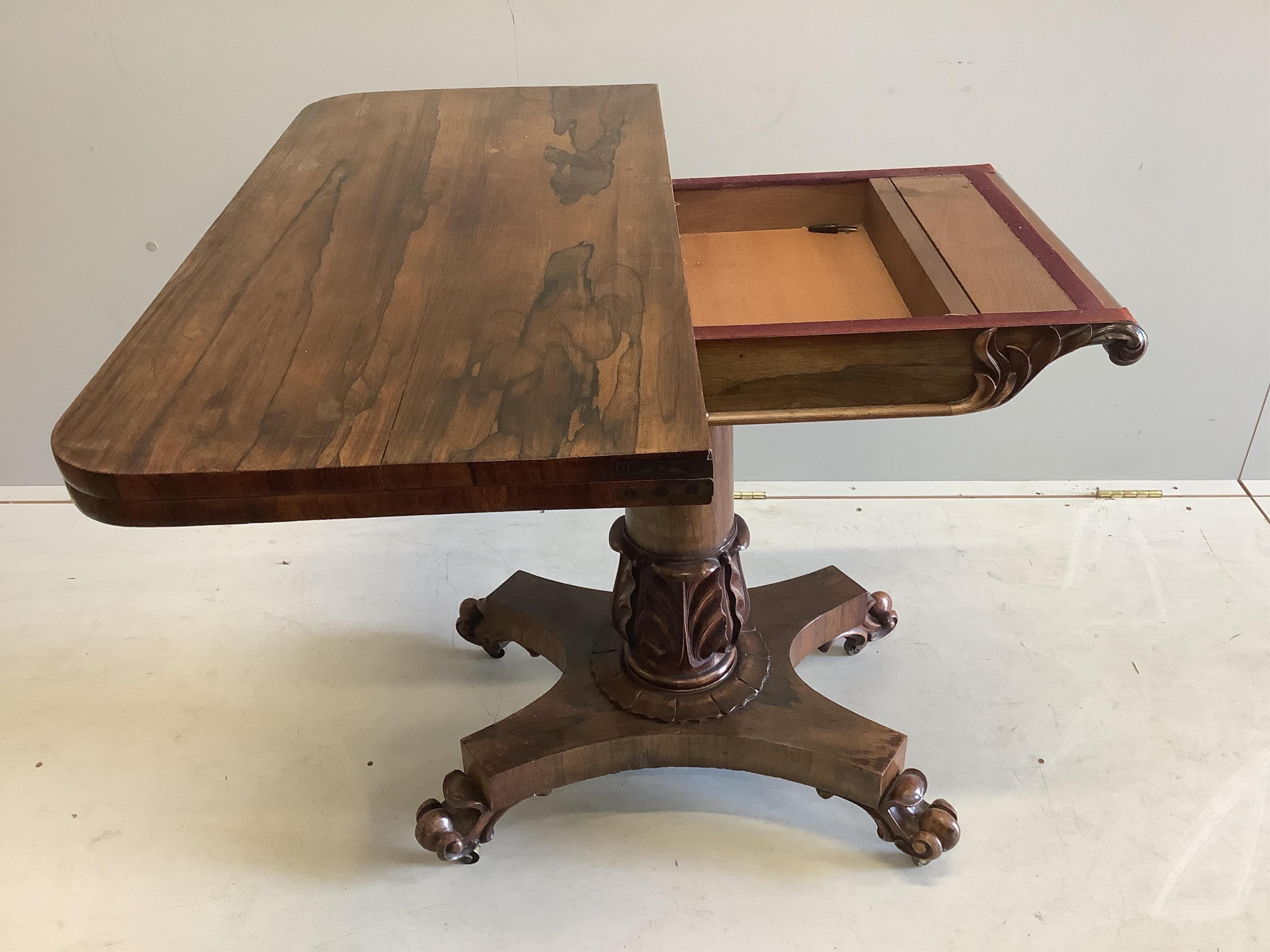 A William IV rosewood card table, width 92cm, depth 45cm, height 75cm